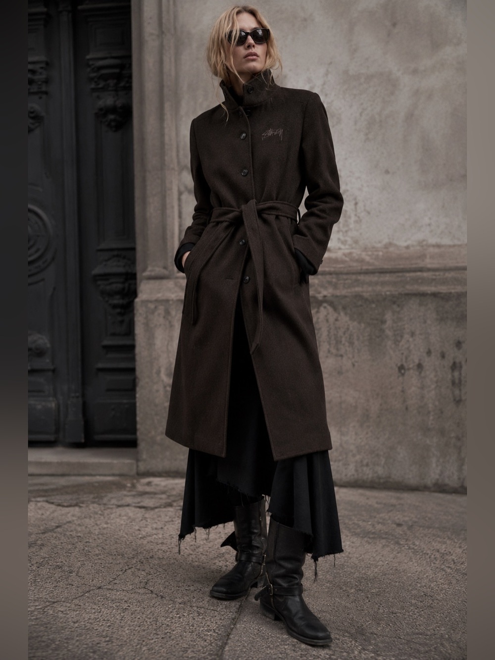 Stüssy Women’s Wool Blend Long Coat Brown High Collar Belted Size Large